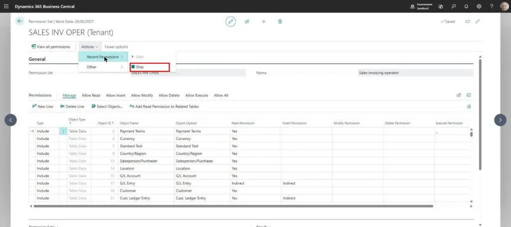 Dynamics Business Central - Permission Set - Stop recording