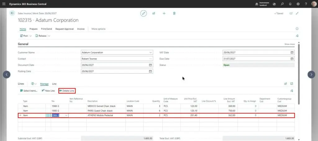 Dynamics Business Central - Sales Invoice - Delete Line