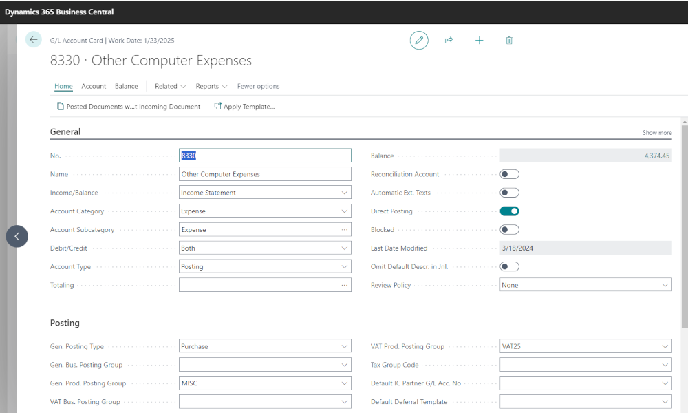 Dynamics Business Central - GL Account Card - Elian Solutions