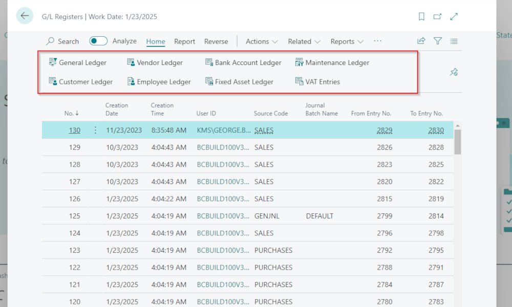 Dynamics Business Central - GL Registers Page Button - Elian Solutions