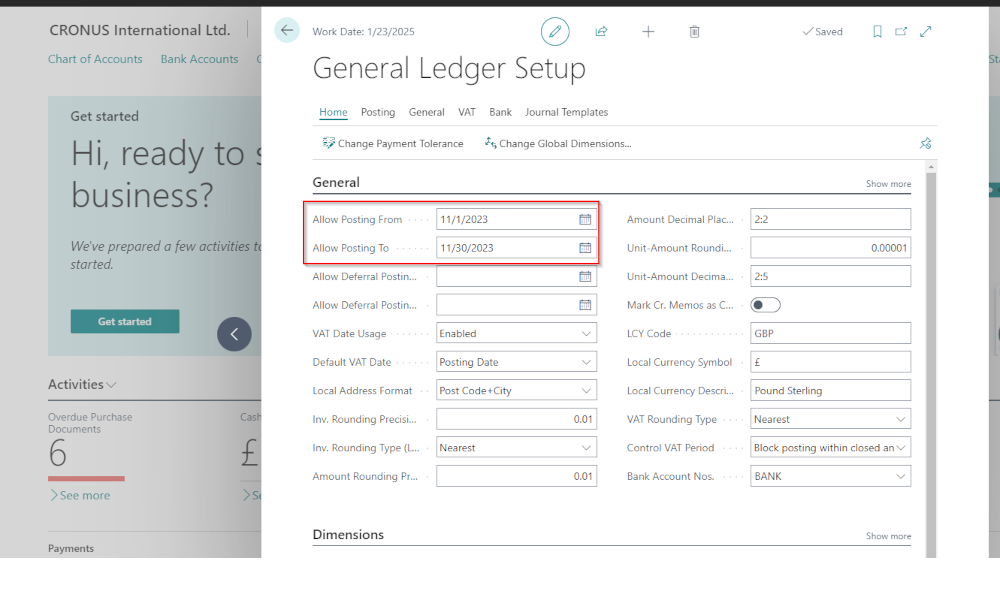 Dynamics Business Central - General Ledger Setup - Elian Solutions