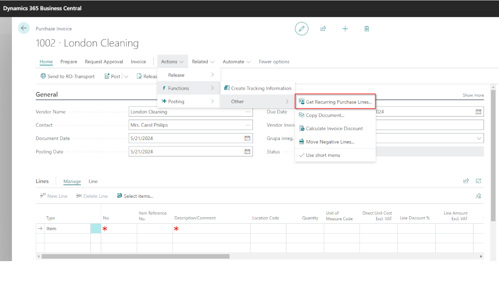 Dynamics Business Central - Recurring Purchase Lines - Elian Solutions